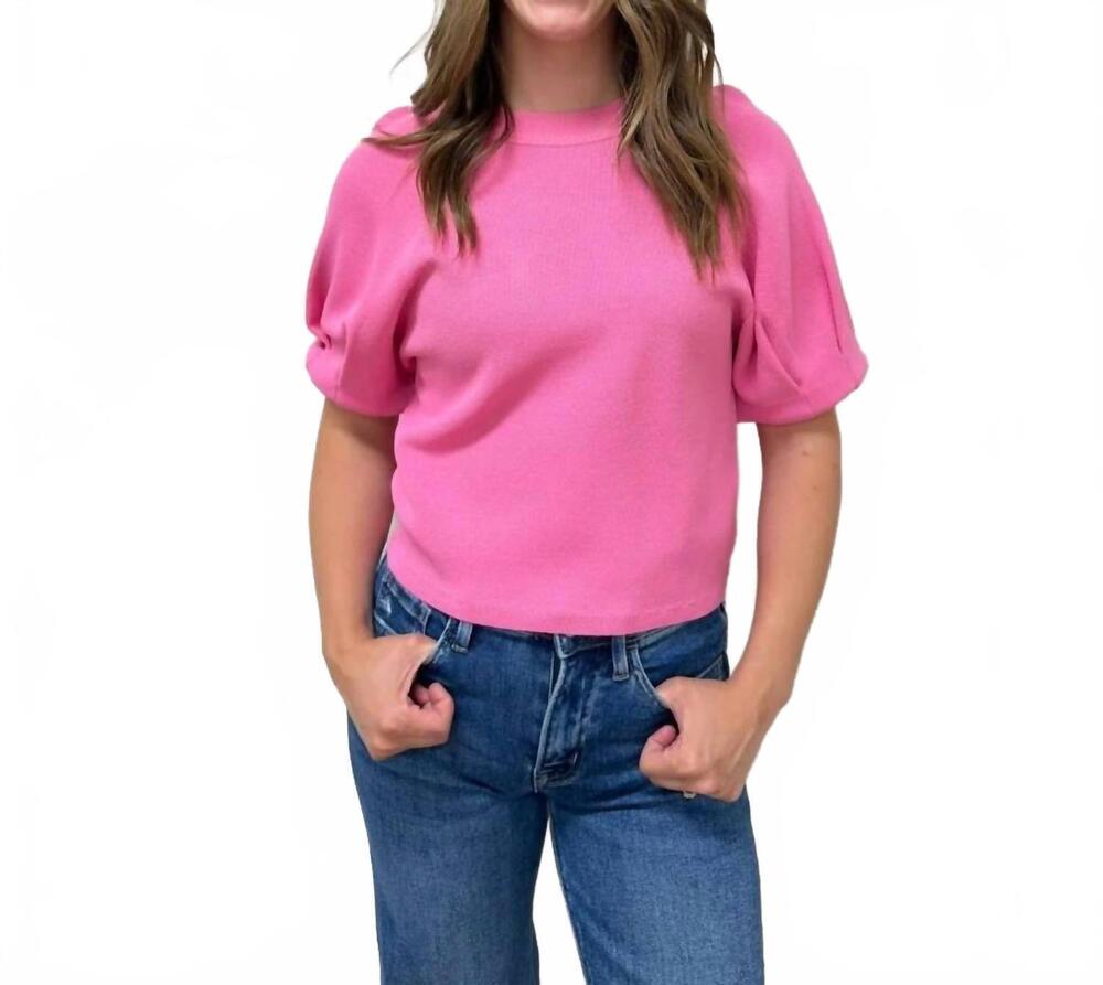 NEW ENTRO solid short puff sleeve knit top in pink